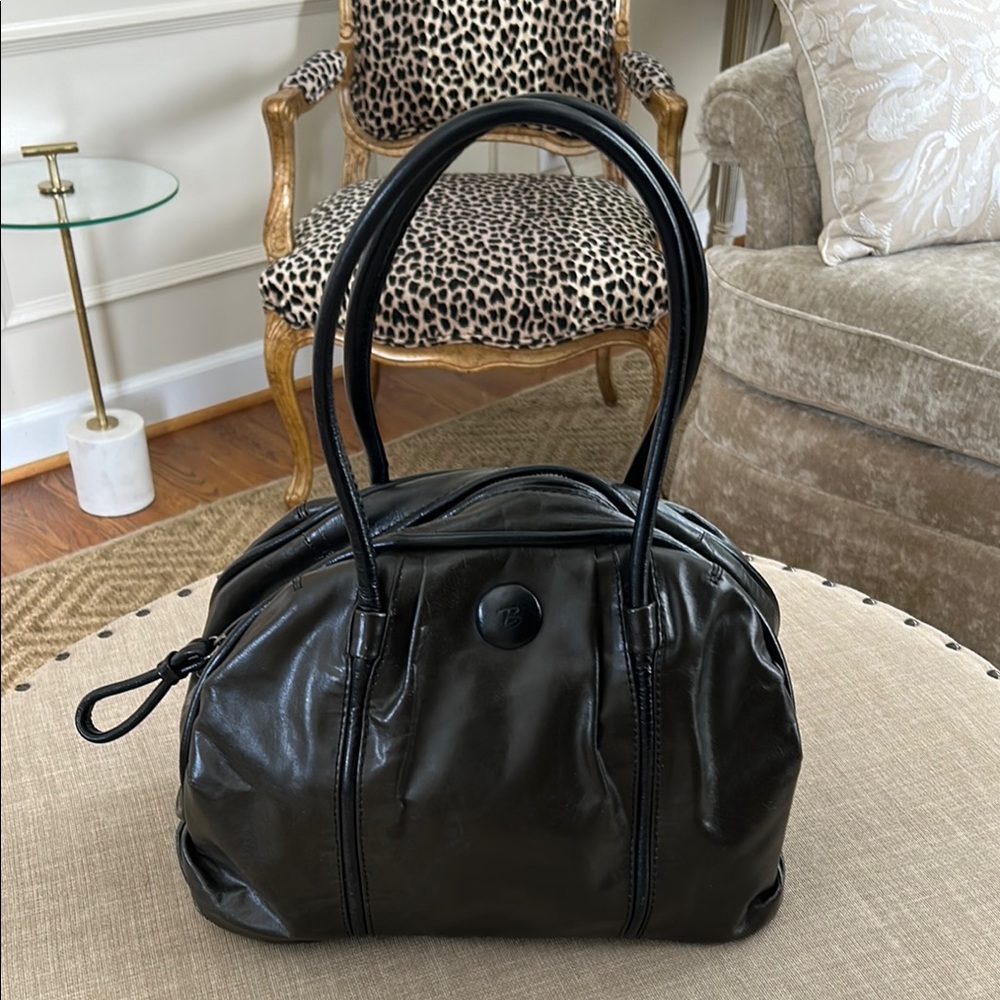 Billy Bag - Deep Olive Green Leather Shoulder Bag with Black Trim Double Handles